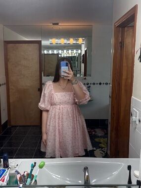Pink Puff Sleeve Square Neck Dress